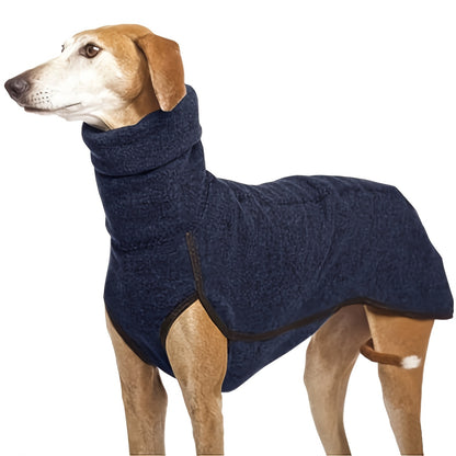 A dog sporting a navy blue turtle neck sweater