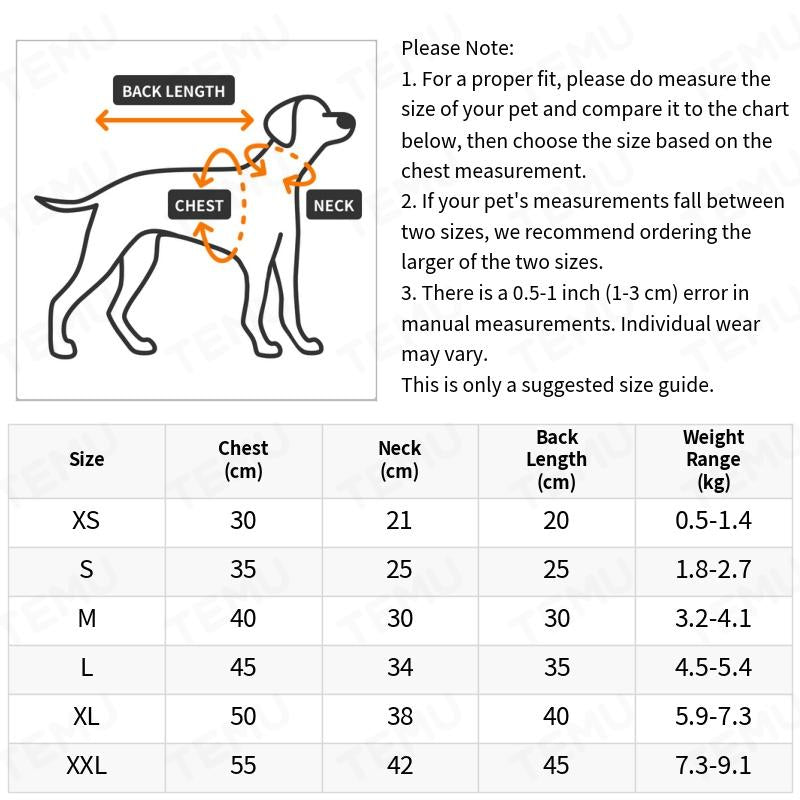 Size chart of plaid dog coat