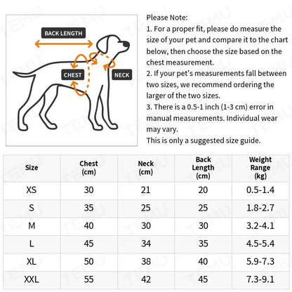 Size chart of plaid dog coat