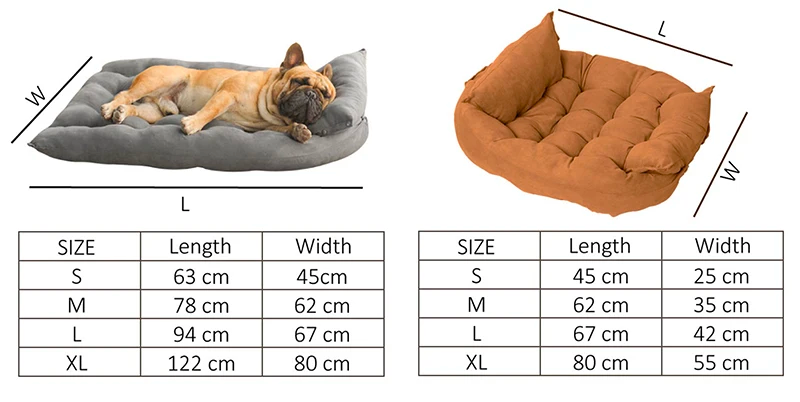 Size Chart of 2 in 1 Adjustable Washable Flat Dog Bed or Raised Sofa