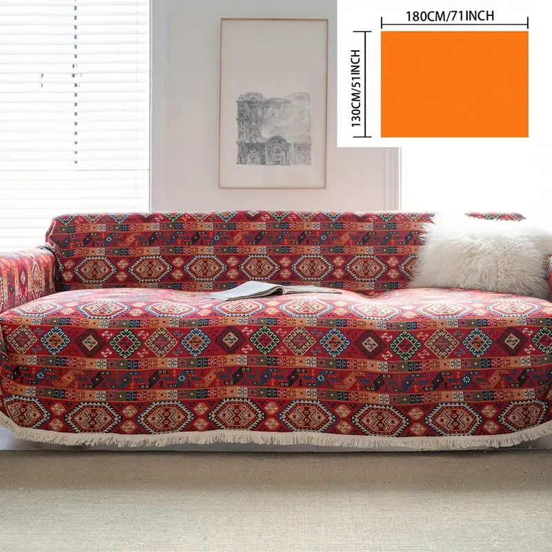 Cat-proof sofa cover in vibrant red jacquard pattern
