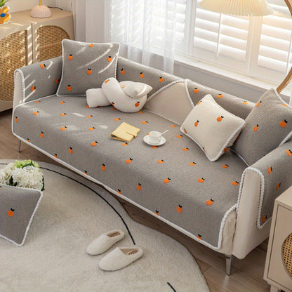 Warm Plush Sofa Slipcover: Cozy Non-Slip Couch Protector Decor in grey oranges design