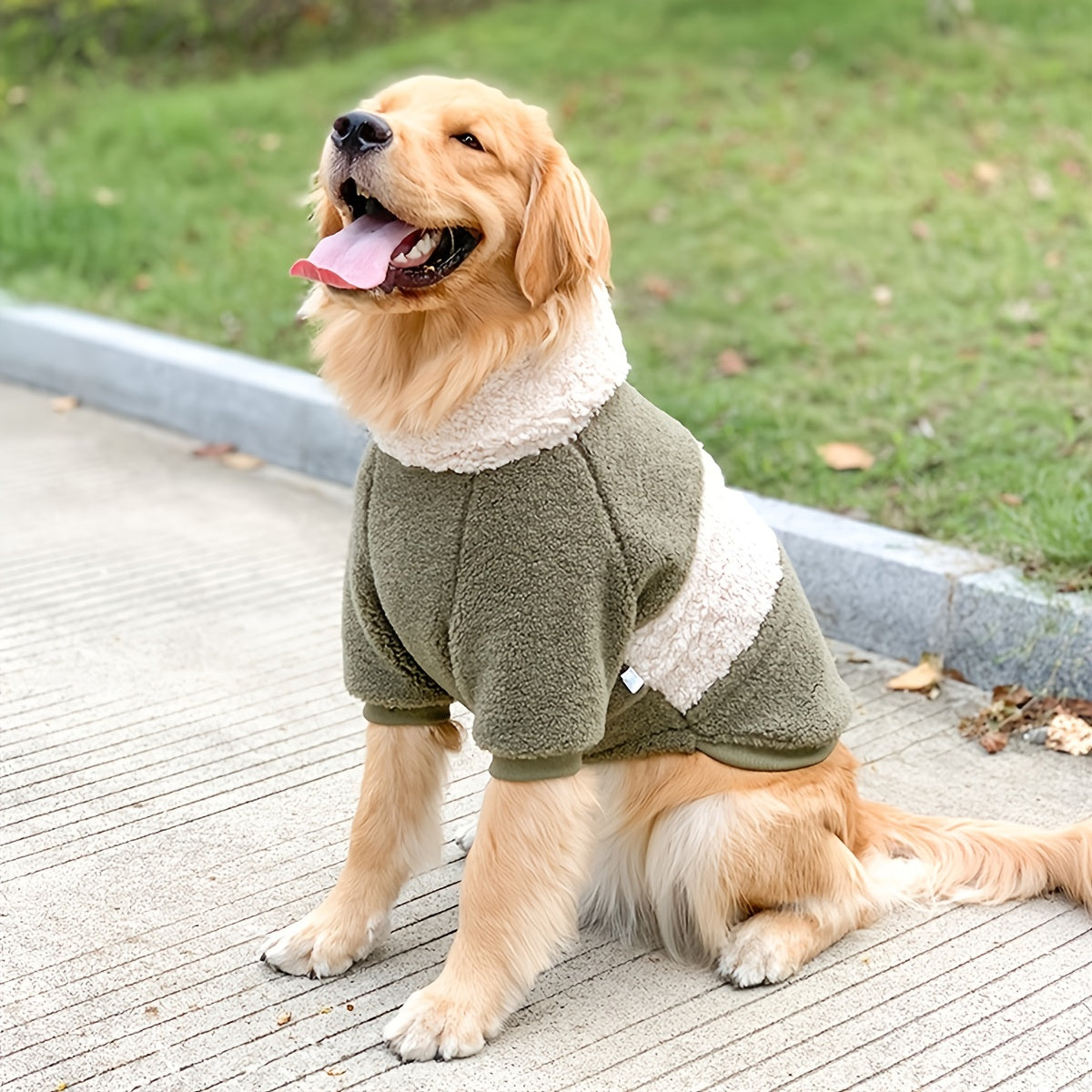 A golden retriever sitting and showcasing the snug fit of the green coat 