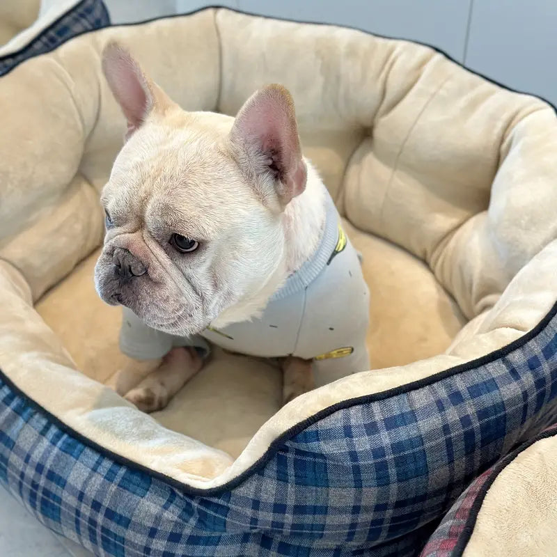 Cozy plaid polyester dog bed for small dogs.
