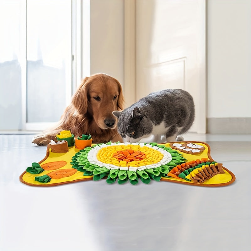 A cat and a dog using the snuffle mat