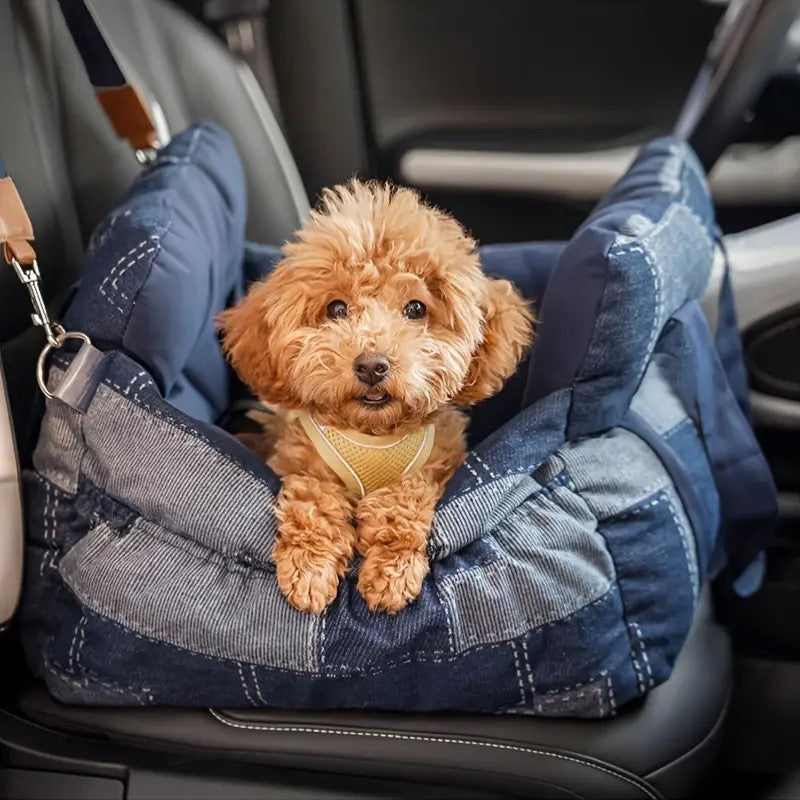 Vintage Denim Dog Car Seat Bed in car
