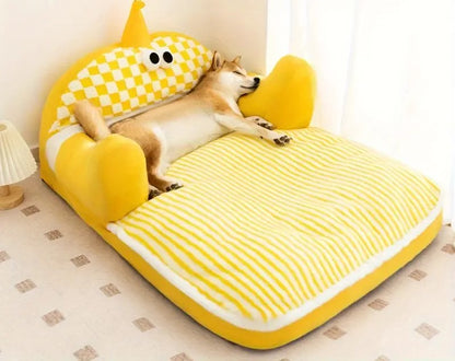 Comfortable pet bed with high backrest for head and neck support.
