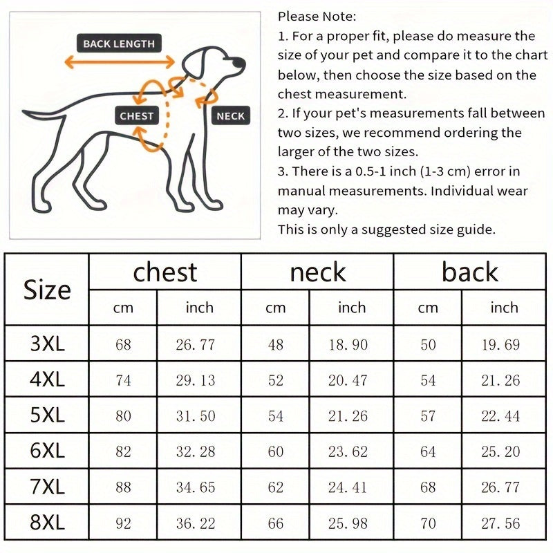 A size chart for tartan dog coat.