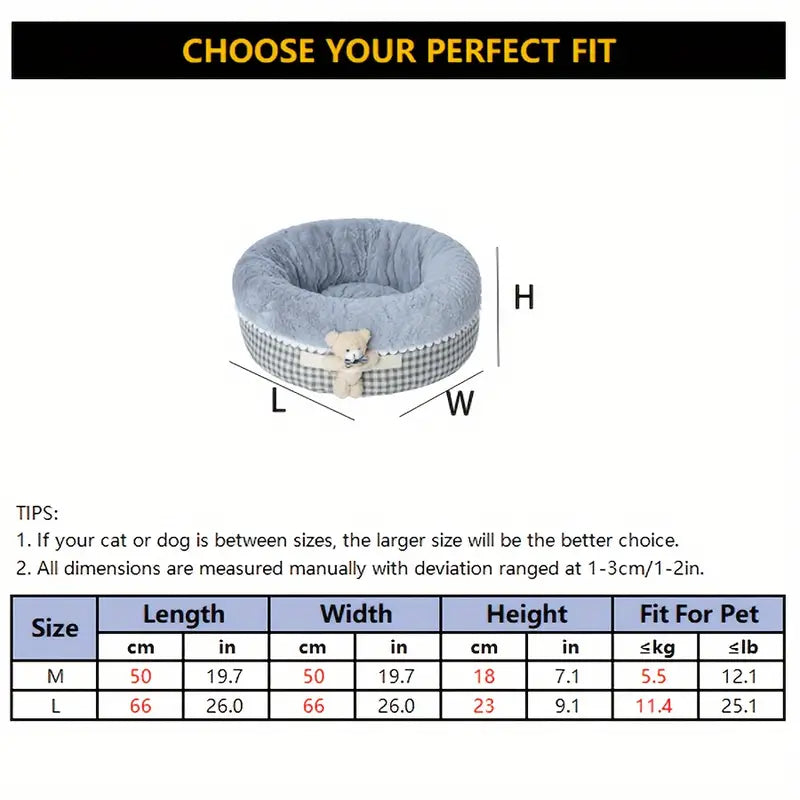 Size chart of Cozy pet bed with round design