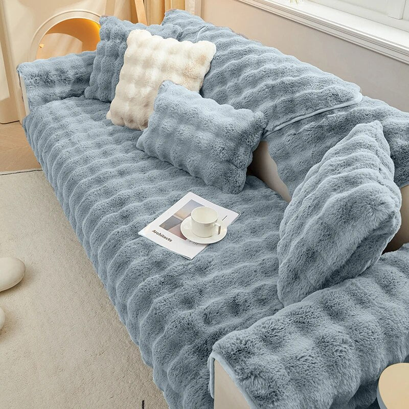 Plush Faux Rabbit Fur Super Soft Washable Non Slip Quilted Couch Cover