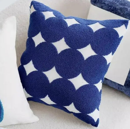 a pillowcase with a blue circle pattern