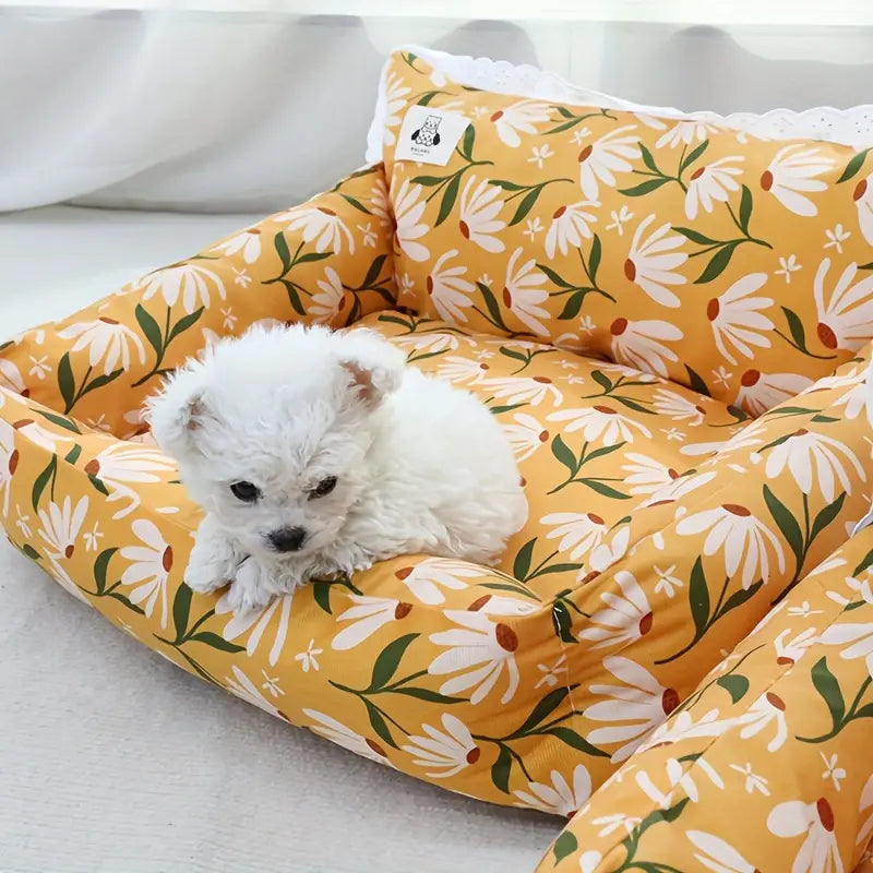 Yellow Linen Pet Bed with Lace Trim
