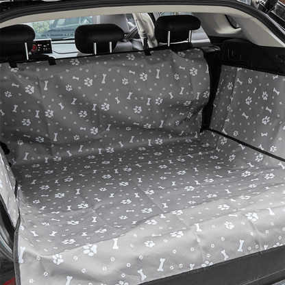 Durable SUV pet mat with integrated storage box in grey bone print