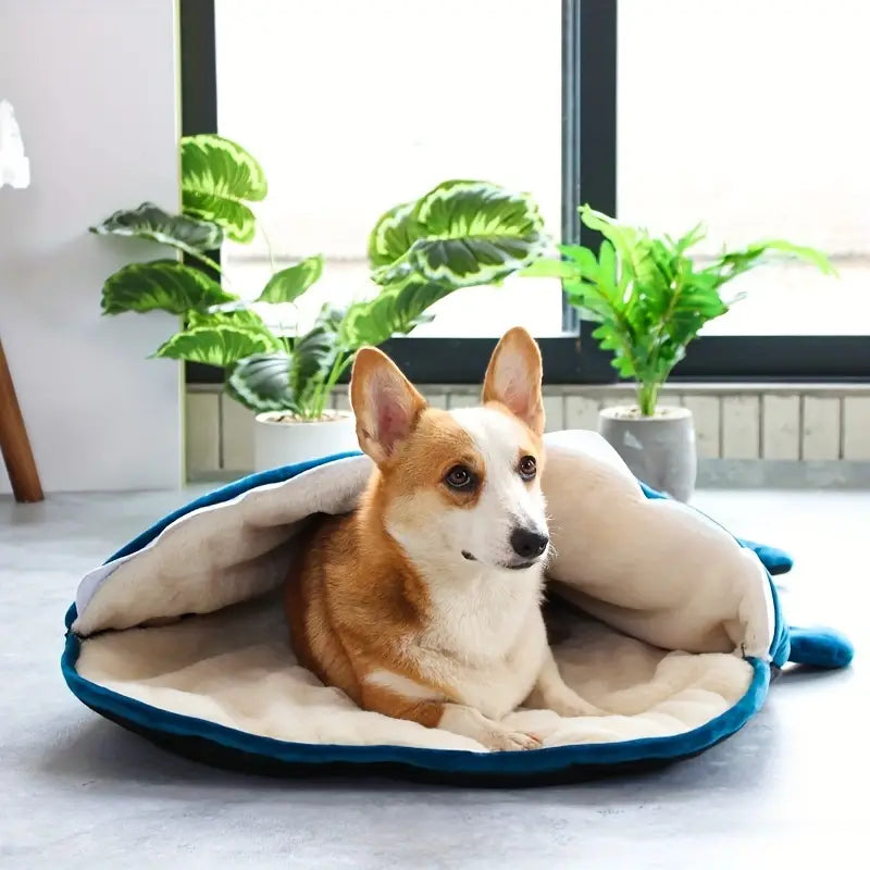 Cartoon shark dog bed with soft cushion pad.
