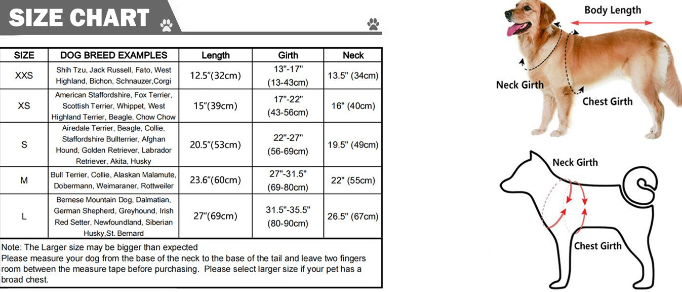 size chart of Waterproof Dog Raincoat with Reflective Strip