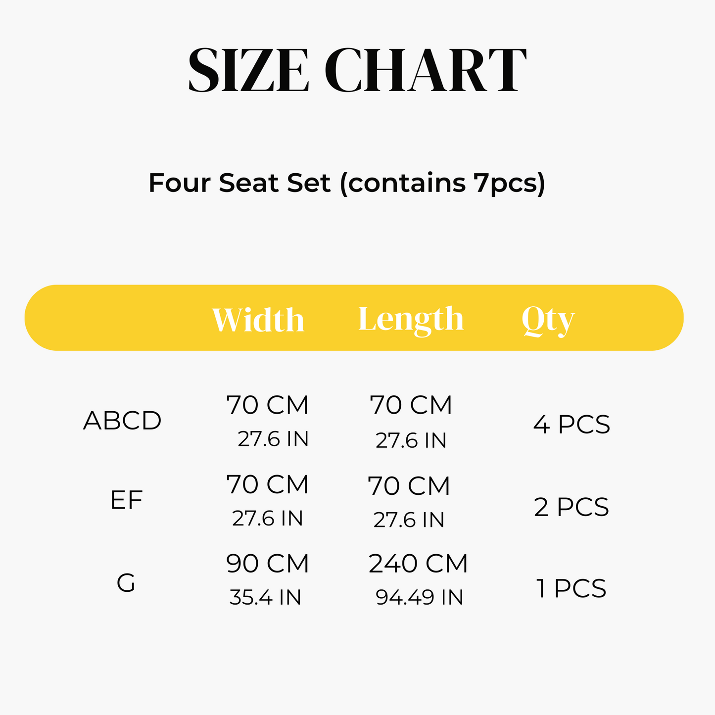 Size Chart for Sofa Cover 