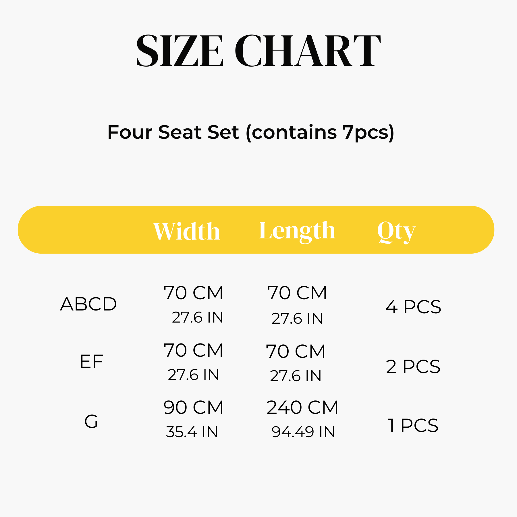 Size Chart for Sofa Cover 