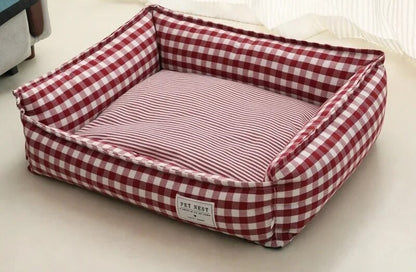 Square Lattice Pet Kennel Bed - Medium & Small Dog Calming Sofa Cushion Wine Red