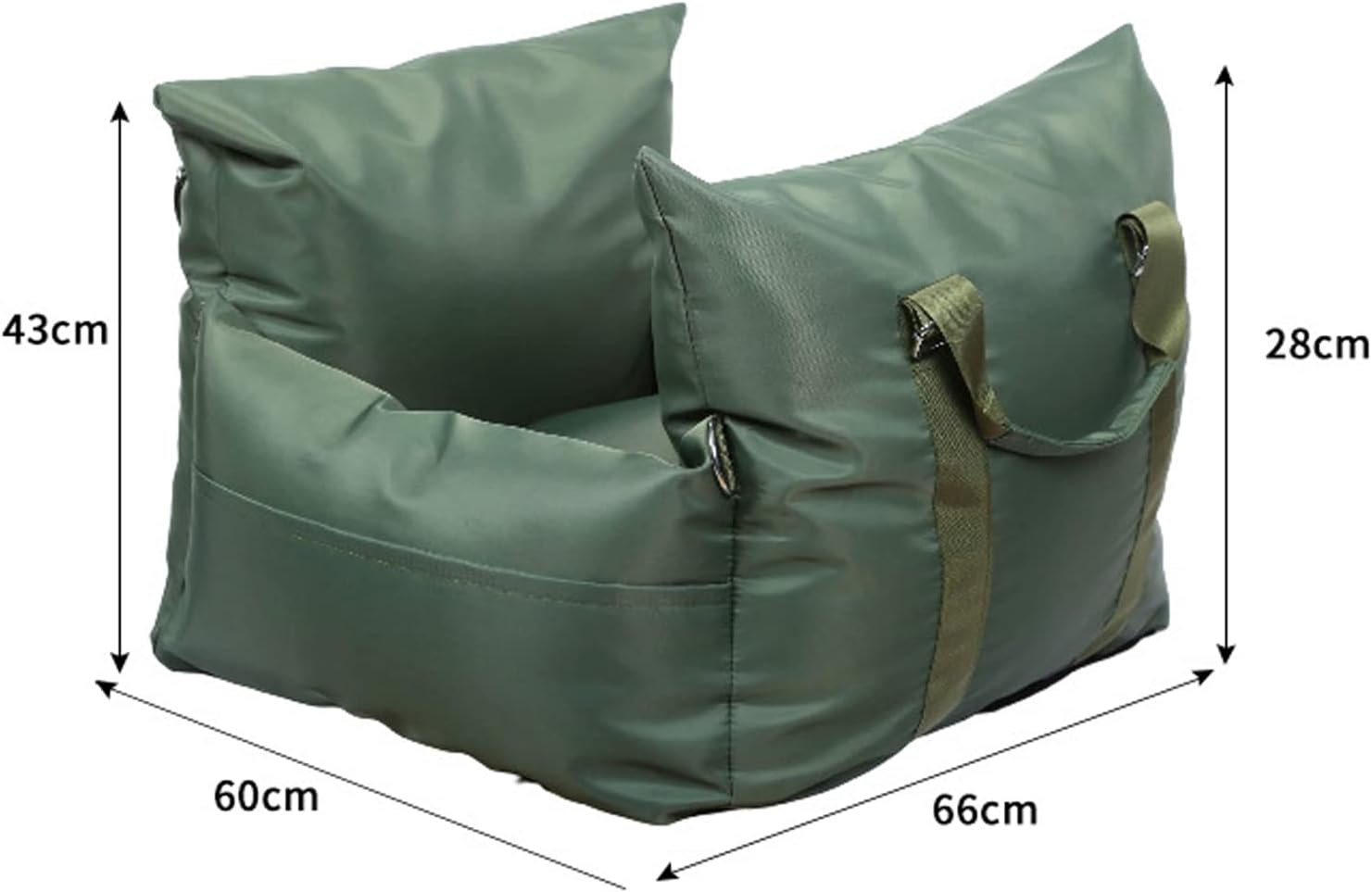 "Green travel bolster bed with displayed dimensions for size reference."
