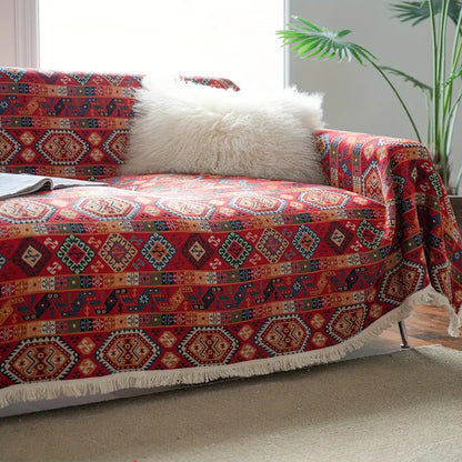 Close-up of thick polyester blend fabric on sofa cover
