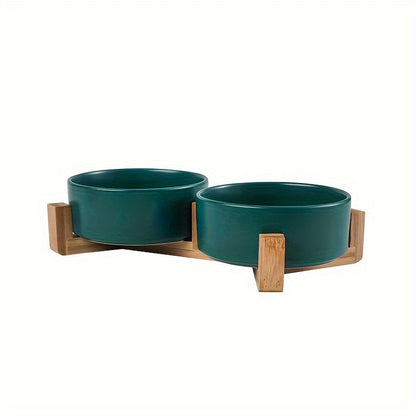 Dog feeding solution with elevated ceramic bowl  in dark green color