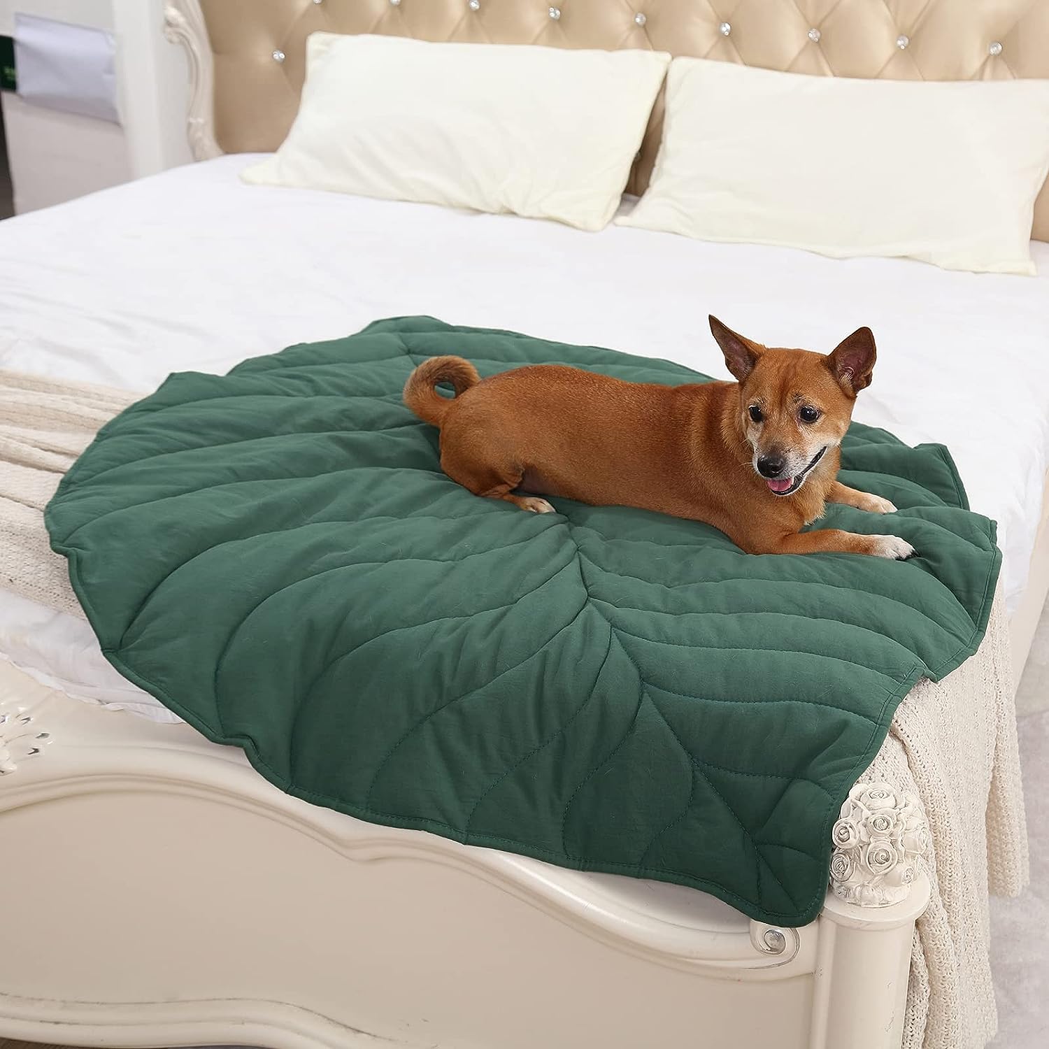 "Dog relaxing on a quilted garden leaf cotton pet mat in green, placed on a bed."
