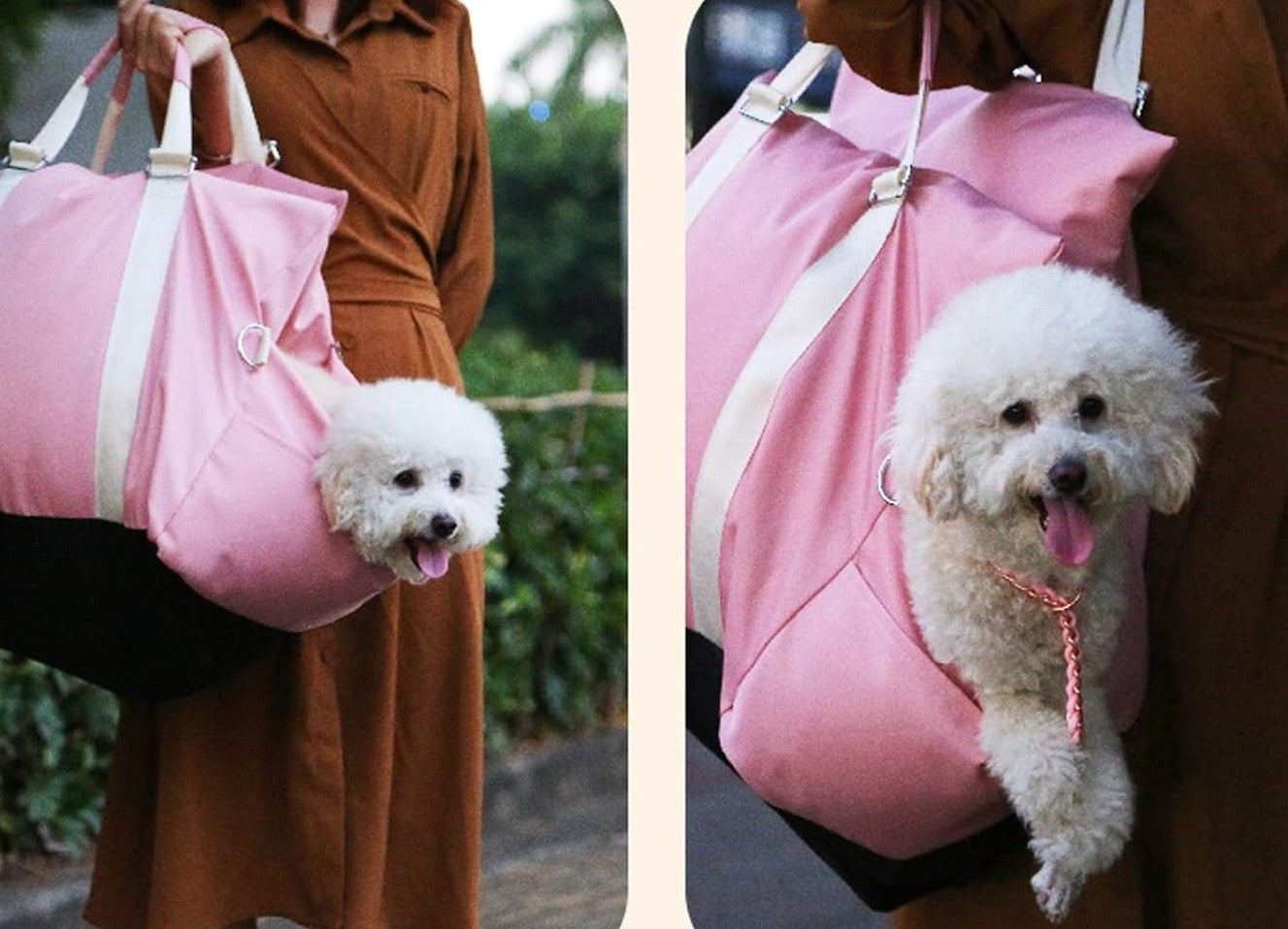 "Small dog in a pink bolster bed transformed into a carry bag."
