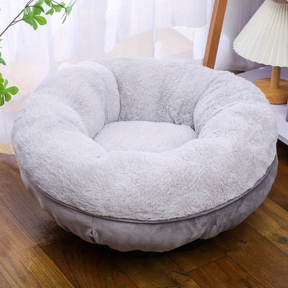 Grey Soft Round Cat Bed with Plush Fabric