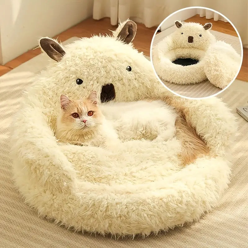 Round pet bed with soft plush material for ultimate comfort.
