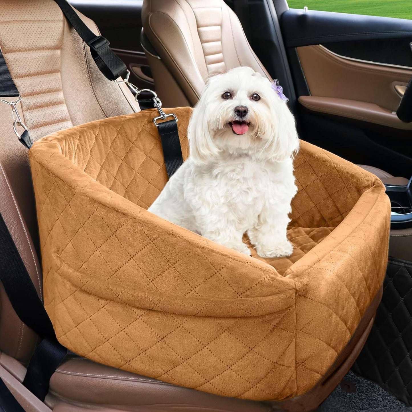 Dog Car Seat Washable Booster with Safety Belt & Pockets