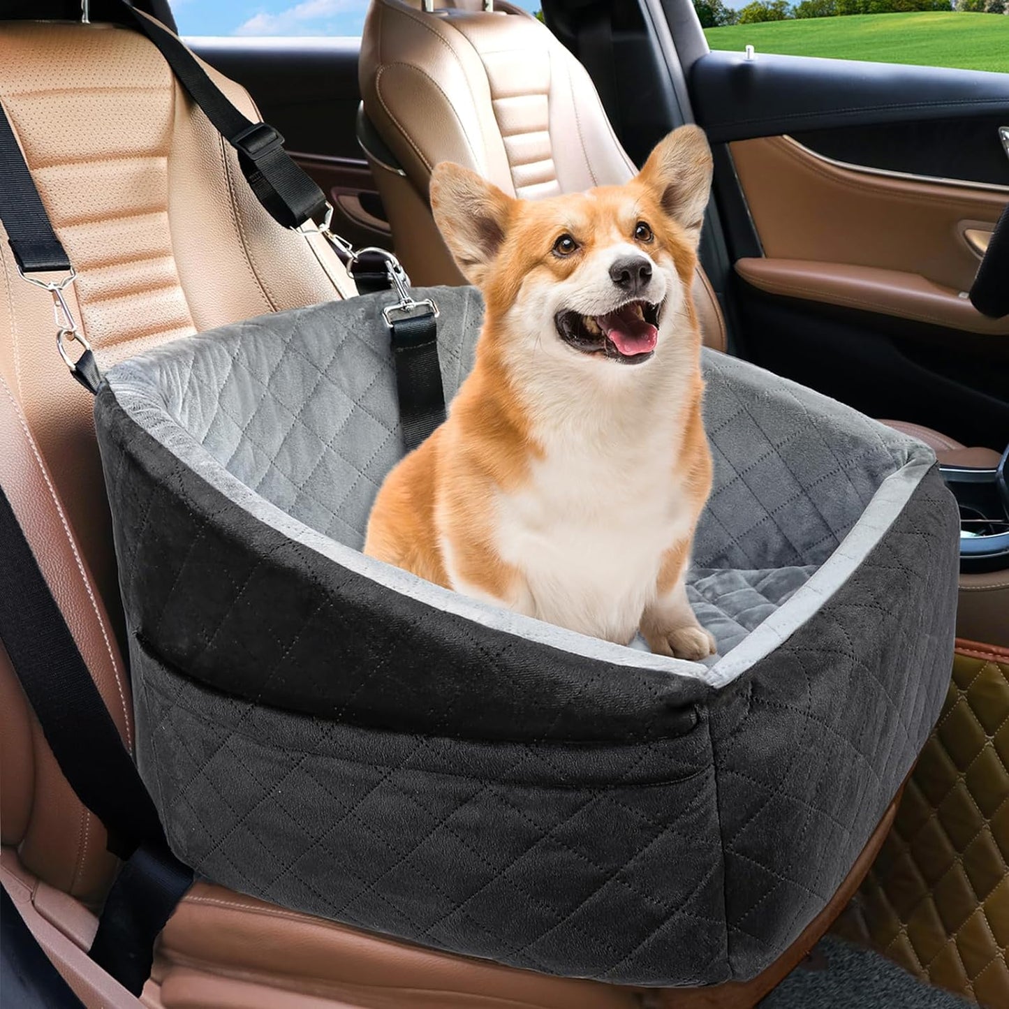 Dog Car Seat Washable Booster with Safety Belt & Pockets