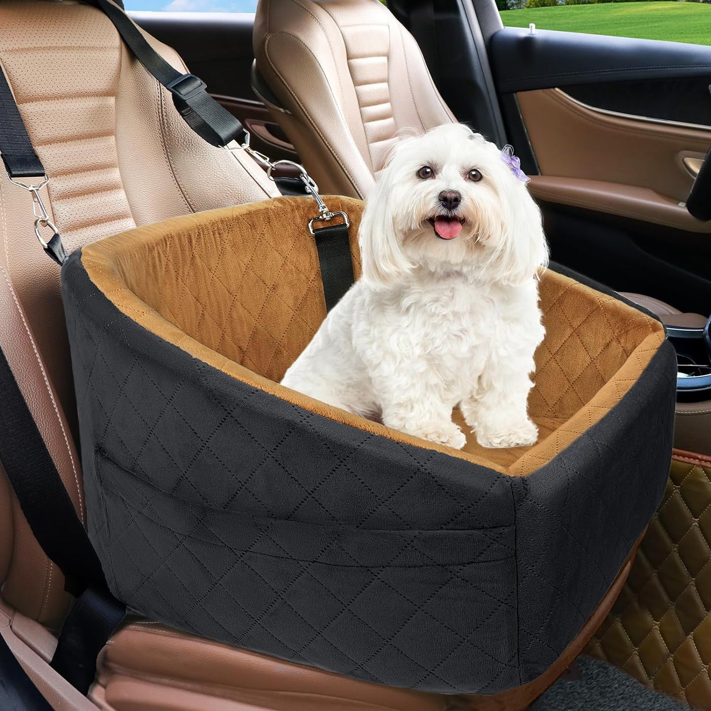 Dog Car Seat Washable Booster with Safety Belt & Pockets