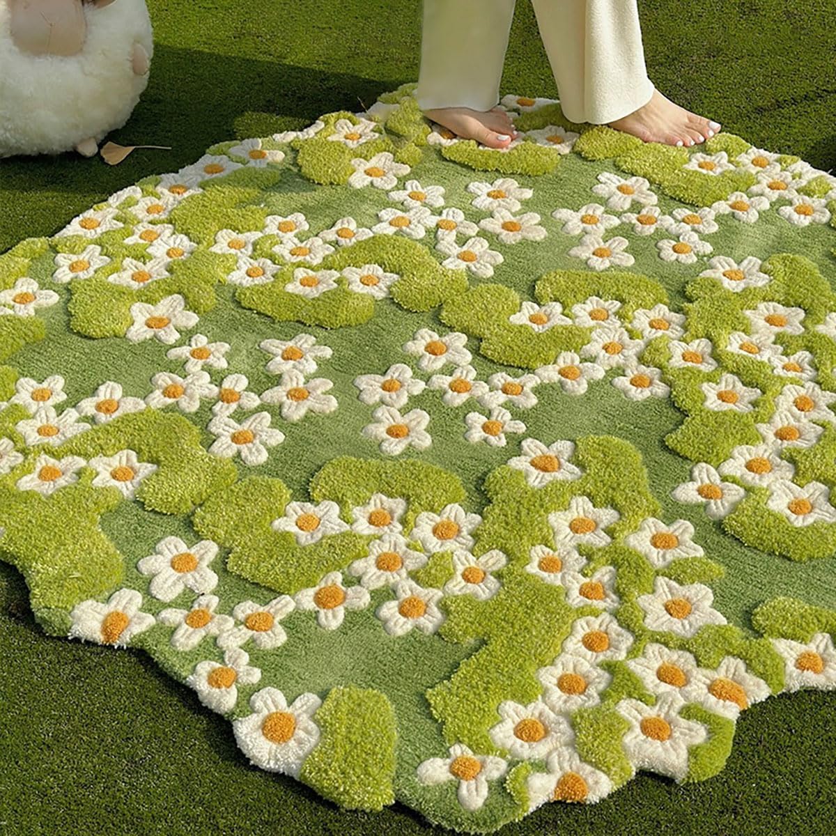 Handmade Tufted Wool 3D Design Calming Cat Dog Daisy Floor Rug