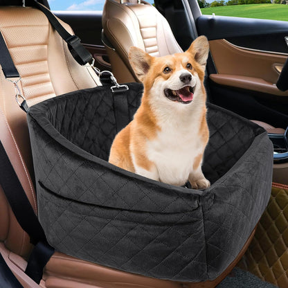 Dog Car Seat Washable Booster with Safety Belt & Pockets