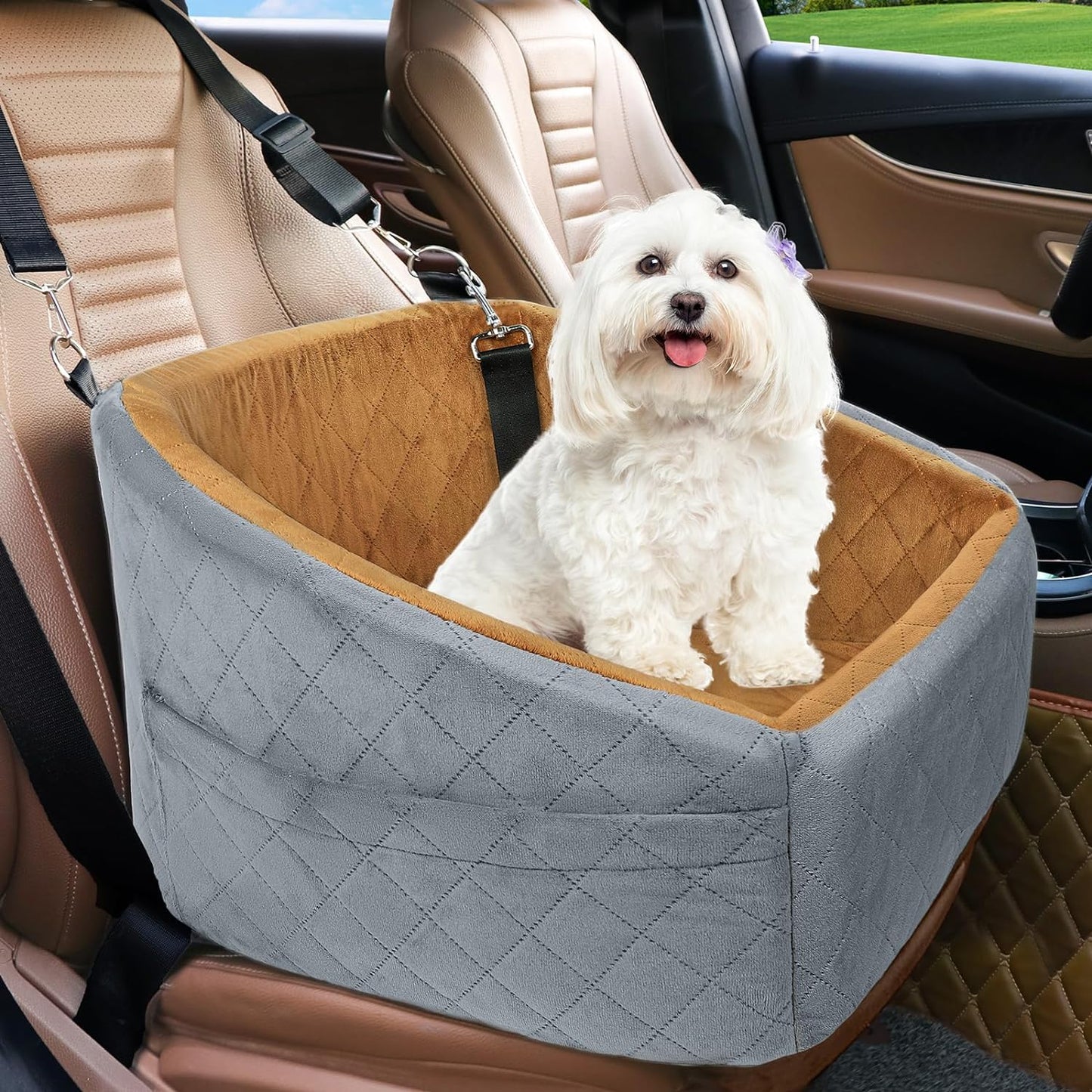 Dog Car Seat Washable Booster with Safety Belt & Pockets