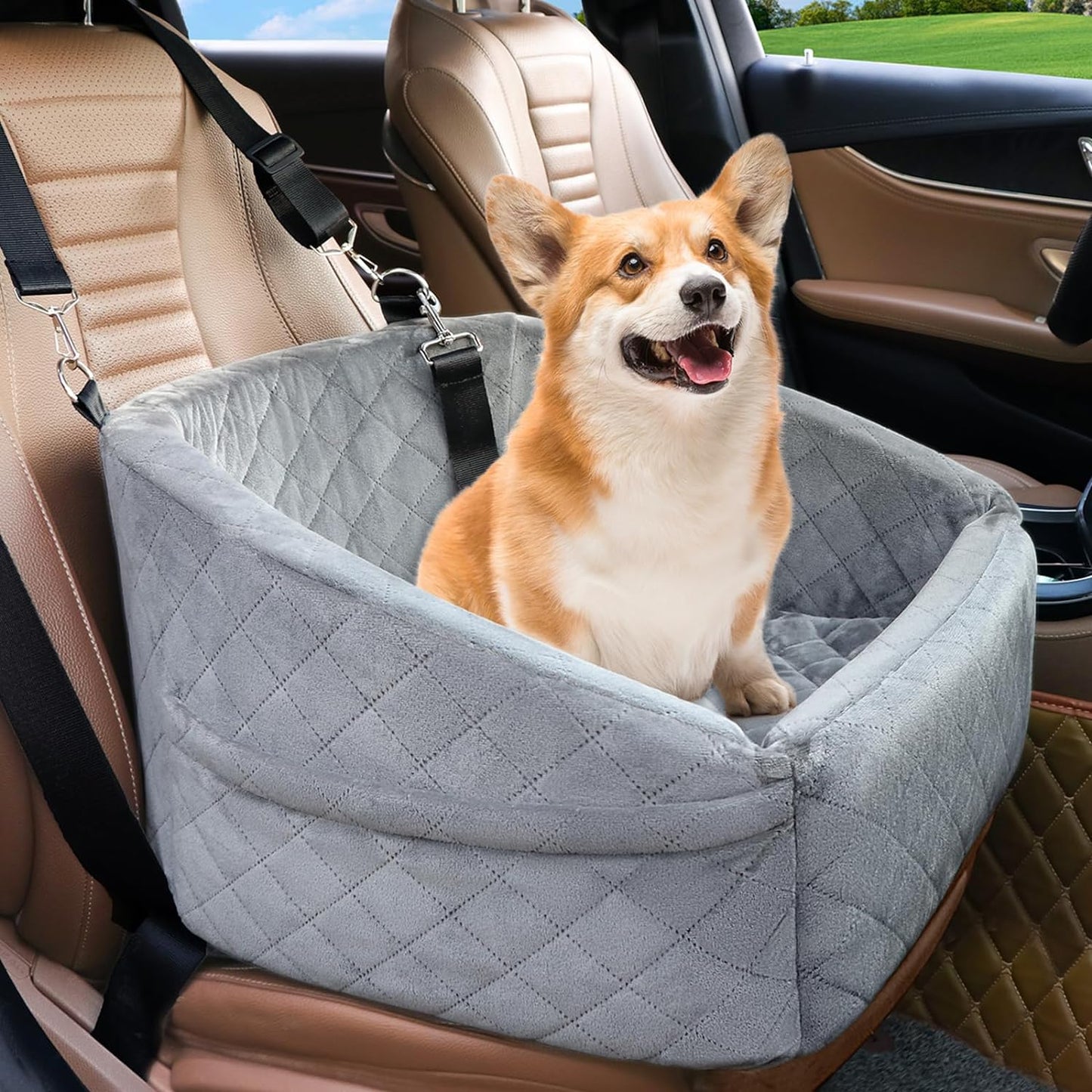 Dog Car Seat Washable Booster with Safety Belt & Pockets