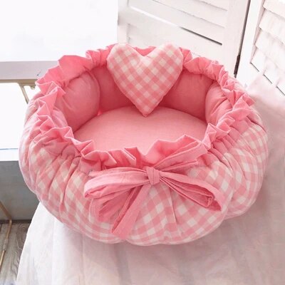 Cozy Pet Bed with Heart Toy for Dogs and Cats Pink Checkered