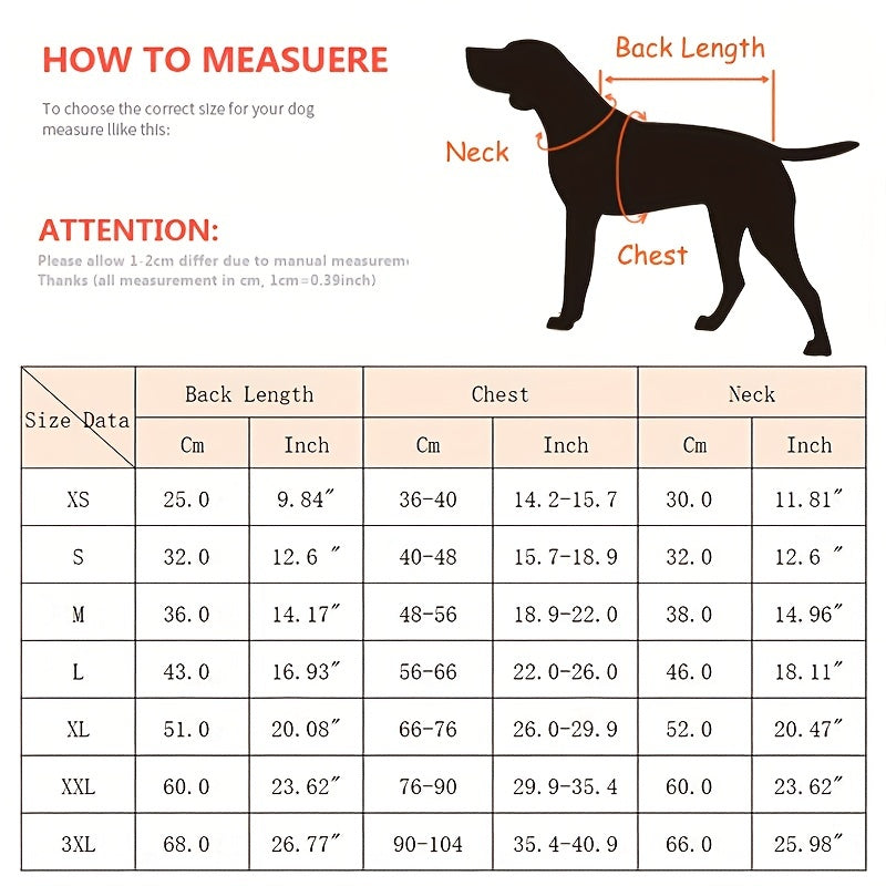 Size Chart of Reflective Dog Jacket