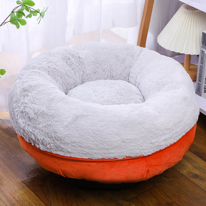 Grey and Orange Comfortable Pet Bed for Cats - Round Design