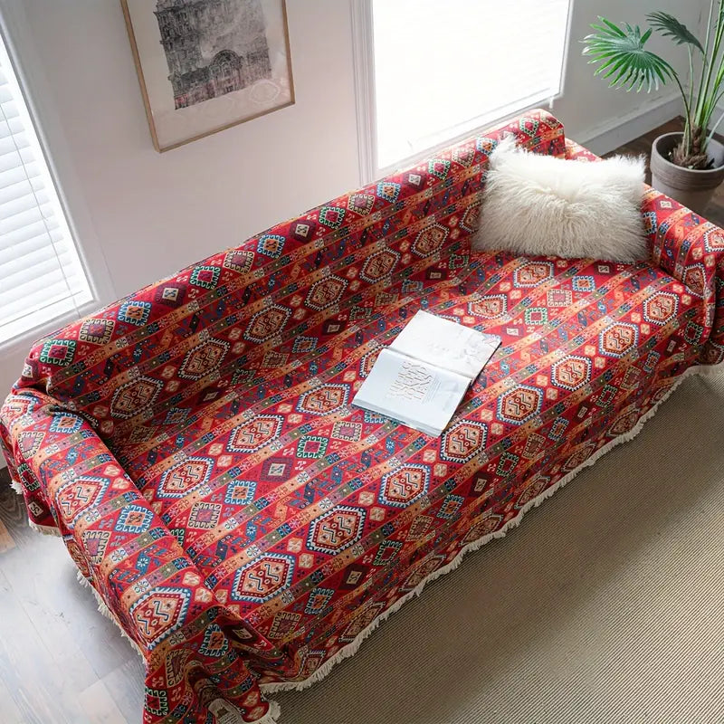 Vintage Red Ethnic Jacquard Sofa Cover on a sofa