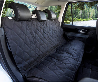 "Black waterproof seat cover on car's rear bench."