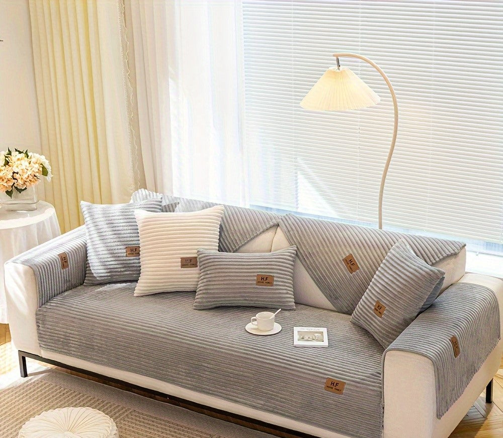 Winter Warm plush thick sofa cover in a modern living room setting in grey color