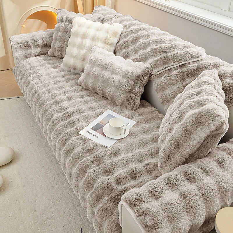 Plush Faux Rabbit Fur Super Soft Washable Non Slip Quilted Couch Cover