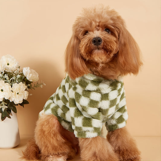 Dog wearing plaid dog coat with warm hoodie in winter setting