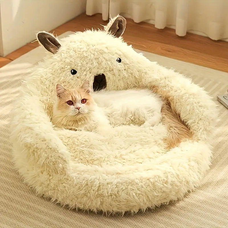 Cat Facing Camera Enjoying  Alpaca Shaped Cat Bed.

