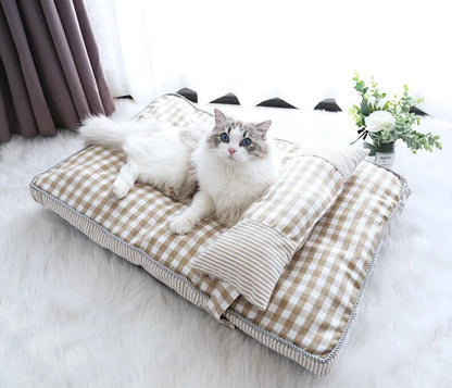 Luxury Check Dog Bed Soft Calming Washable Pet Mat with Pillow Beige