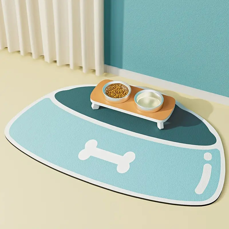 Waterproof Pet Feeding Mat with Bone Design on Light Blue Background

