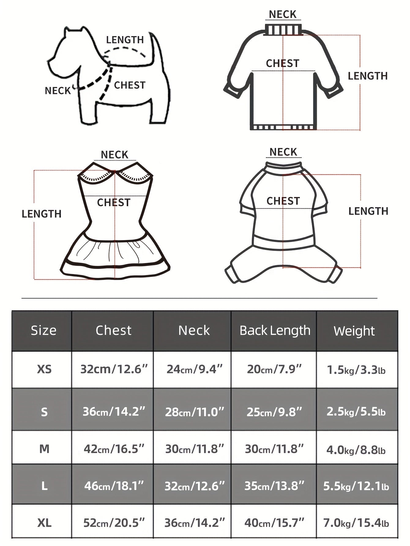 size chart of dog clothes jumpsuit