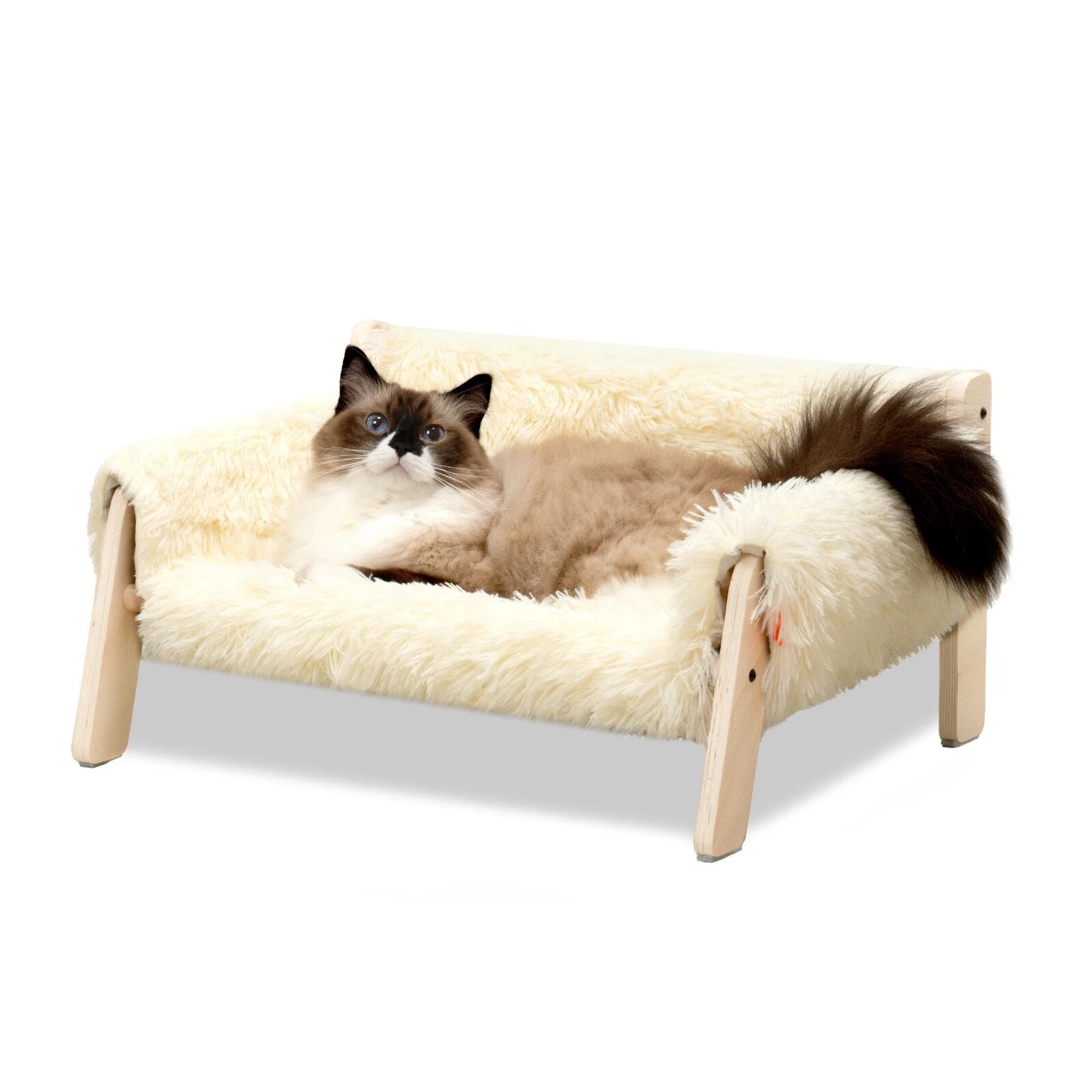 Elevated Wooden Cat Bed Sofa: Sturdy, Fluffy Pet Furniture for Cats & Small Dogs White