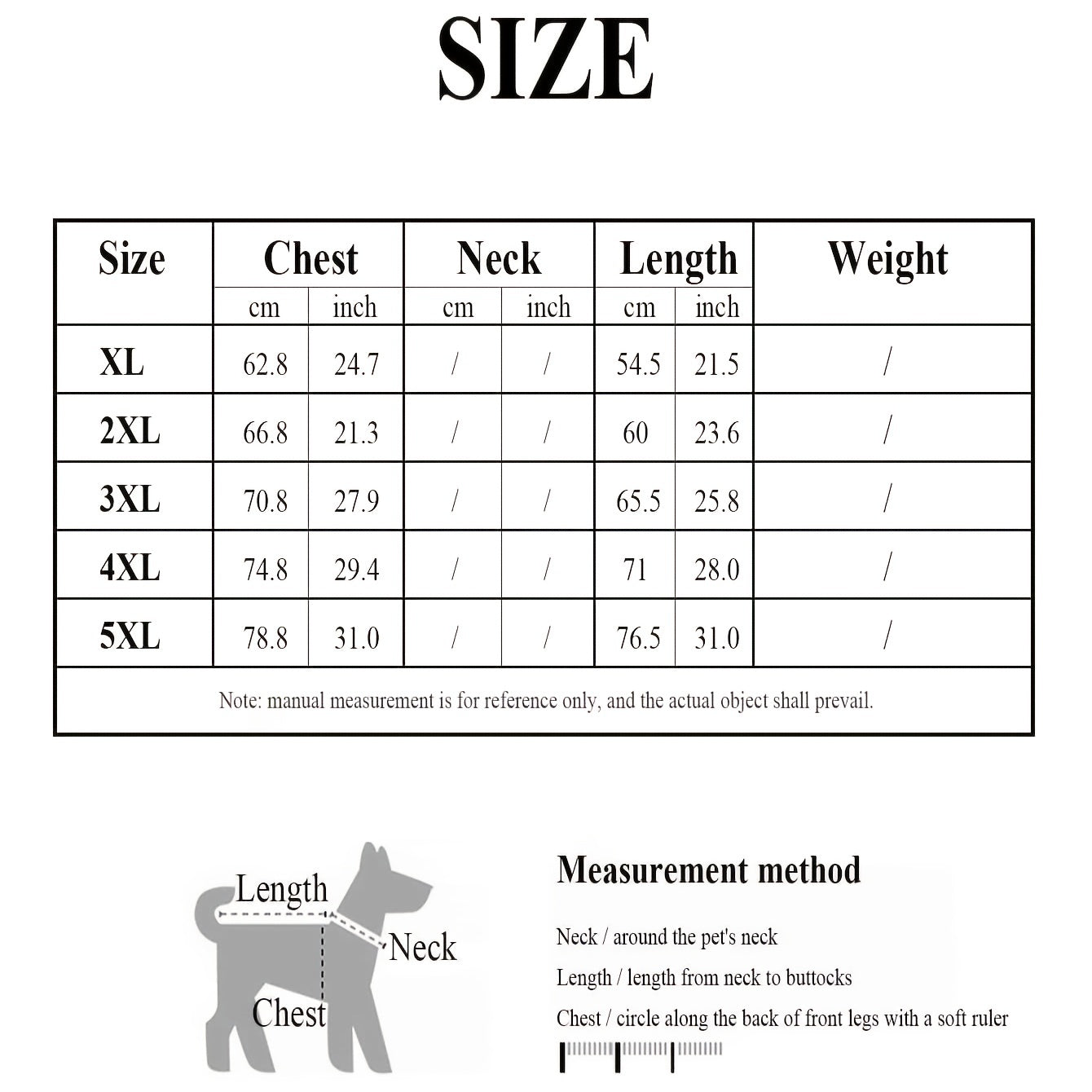 A sizing chart for dog sweaters